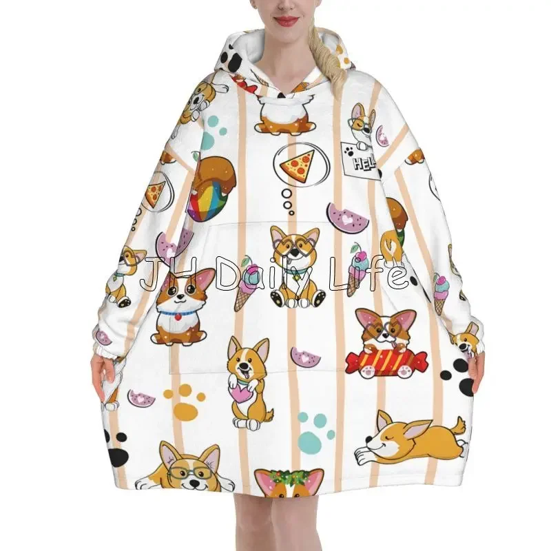 Sherpa Hoodie Fleece - Cute Corgi Dog Wearable Hoodie Blanket